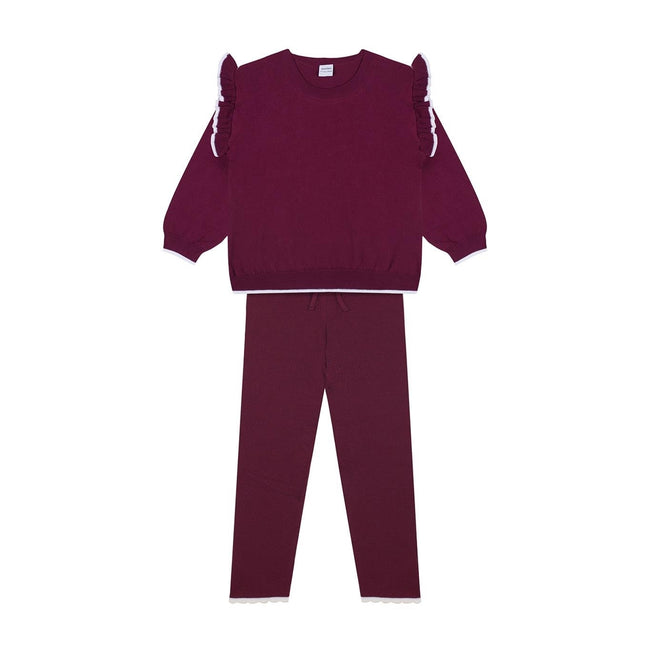 Antebies, White Ruffled Burgundy Knit Sweatshirt/ Leggings Set