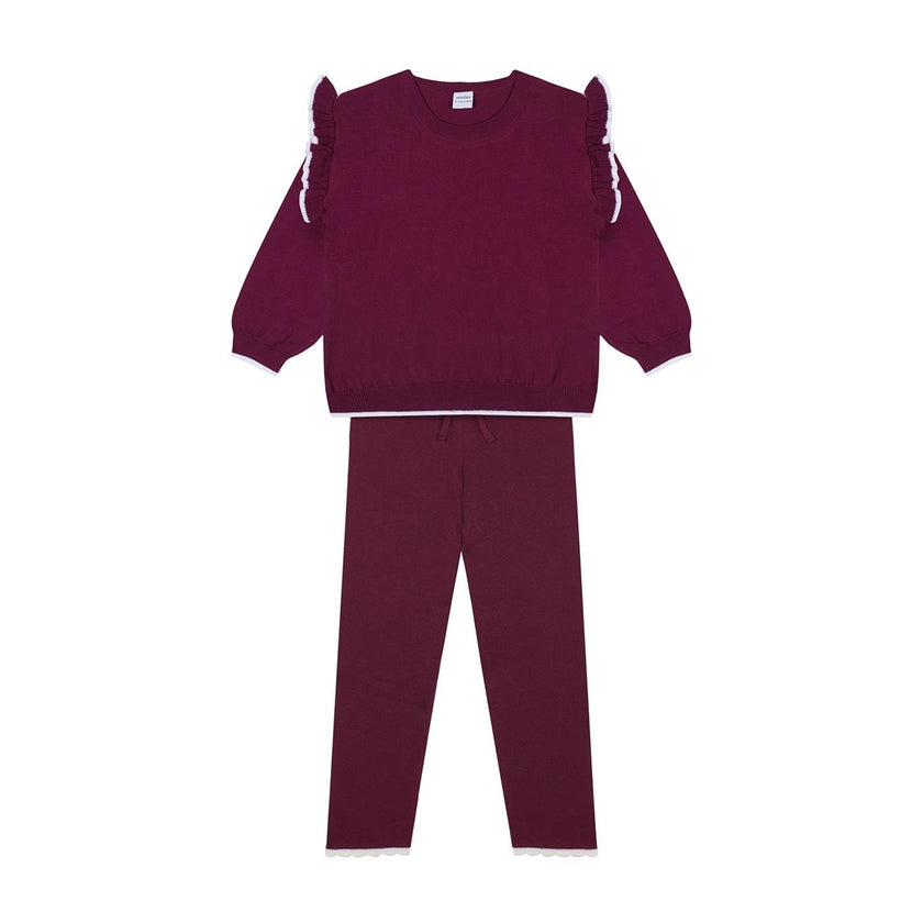 Antebies, White Ruffled Burgundy Knit Sweatshirt/ Leggings Set