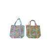 Two small tote bags with colorful illustrated map-like prints and light blue handles, shown side by side on a plain white background.
