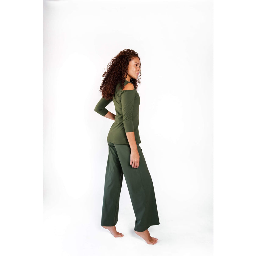 Yoga Democracy, Open Shoulder Top, Forest Green