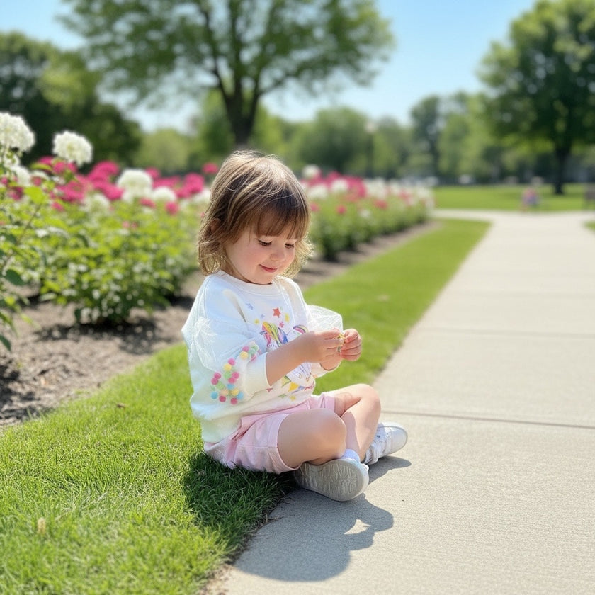 A young child sits on the edge of a concrete path in a park, wearing a white long-sleeve shirt with a colorful rainbow pattern on the cuffs and hem, paired with light pink shorts.