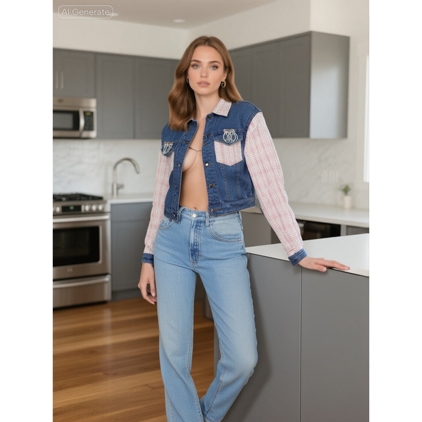 Minime Paris, Denim and Pink Tweed Jacket NWOT Med