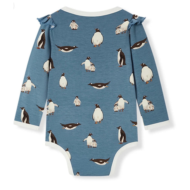 Milkbarn Luxe Stretch Ruffle Long Sleeve One Piece, Penguin