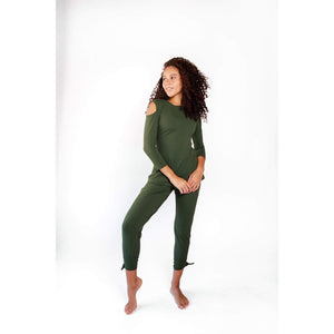 Yoga Democracy, Open Shoulder Top, Forest Green