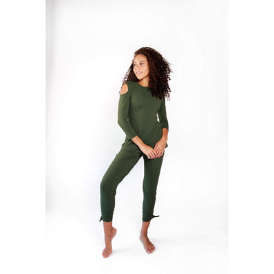 Yoga Democracy, Open Shoulder Top, Forest Green