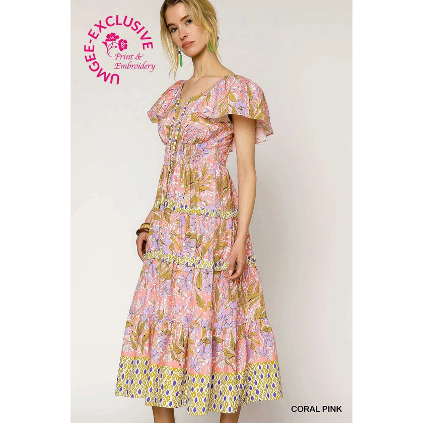 Umgee Floral Print Tiered Midi Dress