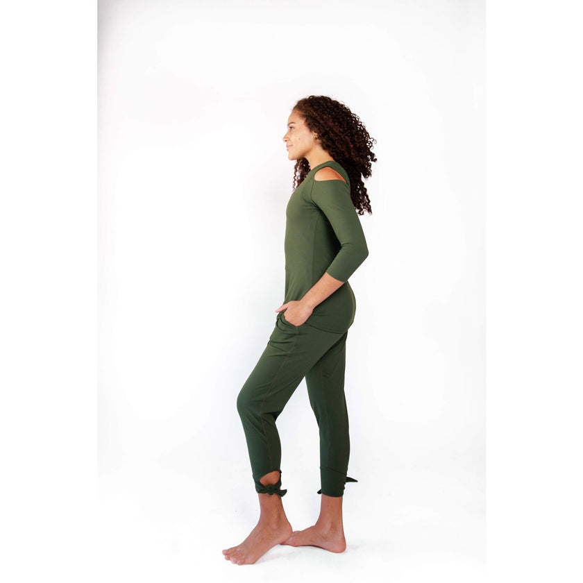 Yoga Democracy, Open Shoulder Top, Forest Green