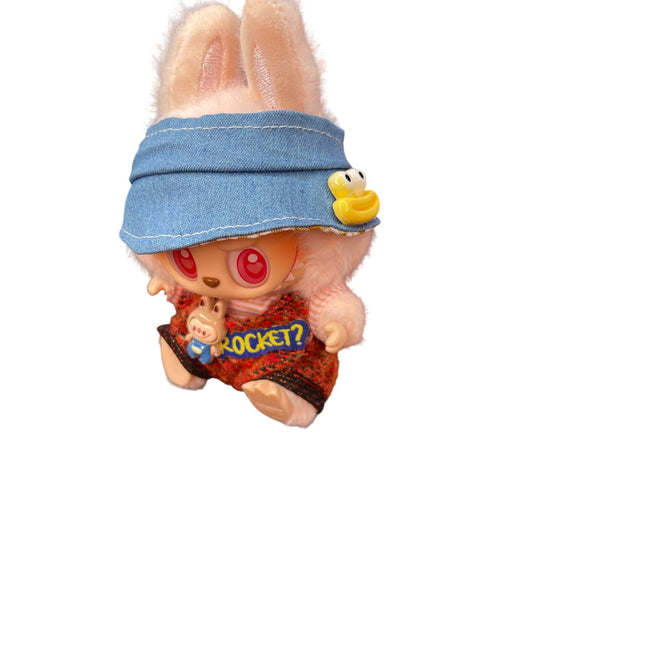 Handmade Labubu Outfit – Made in France | Red Knit Overalls, Striped Shirt & Denim Cap (Outfit Only)