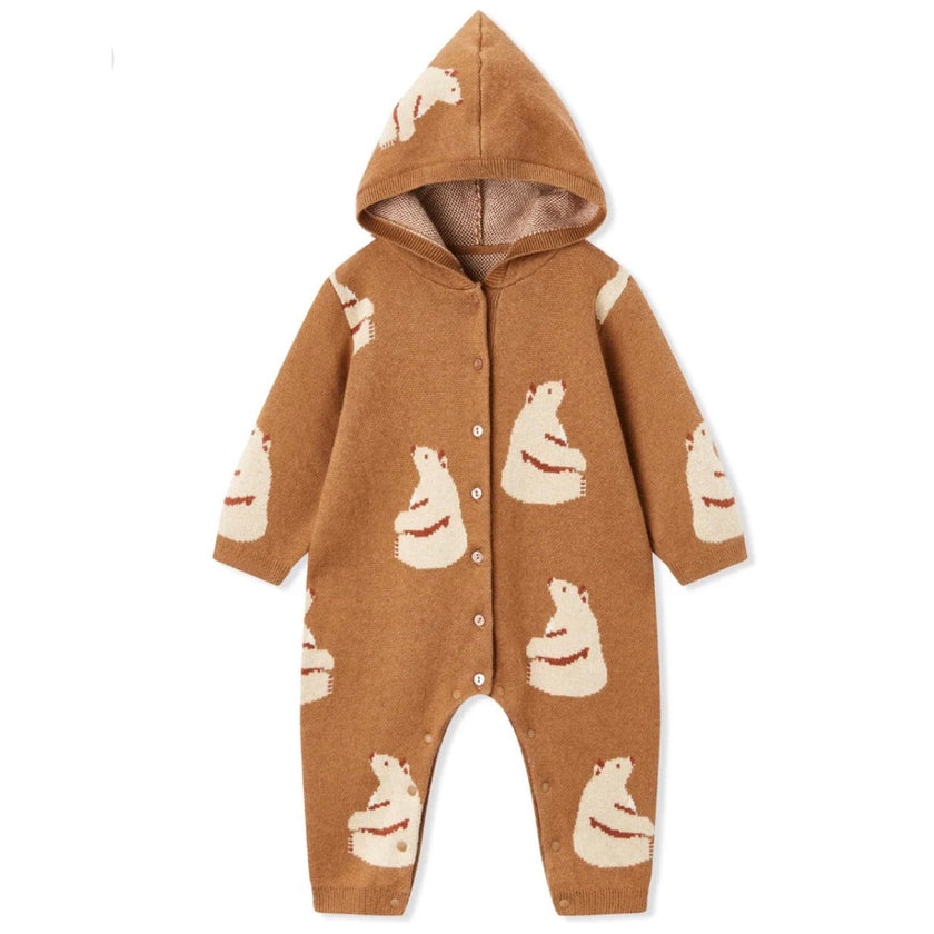 Milkbarn Honey Bear Knitted Birdseye Jacquard Hooded Jumpsuit, 12-18 months