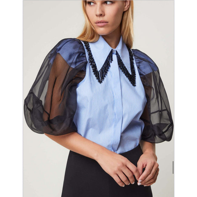 Dahlo Balloon Sleeveless Shirt, Blue/White Stripe, NWT 44