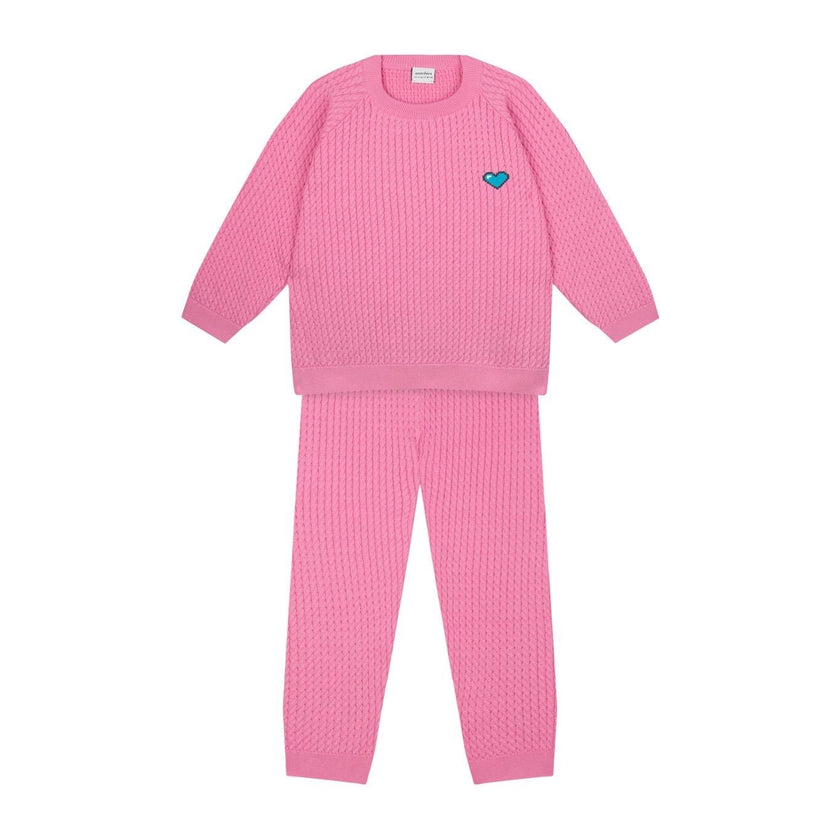 Antebies, Pink Herringbone Sweater and Pants Set w/ Heart Embroidery