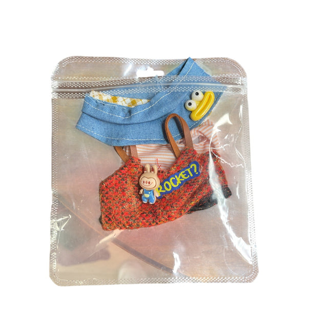 Handmade Labubu Outfit – Made in France | Red Knit Overalls, Striped Shirt & Denim Cap (Outfit Only)