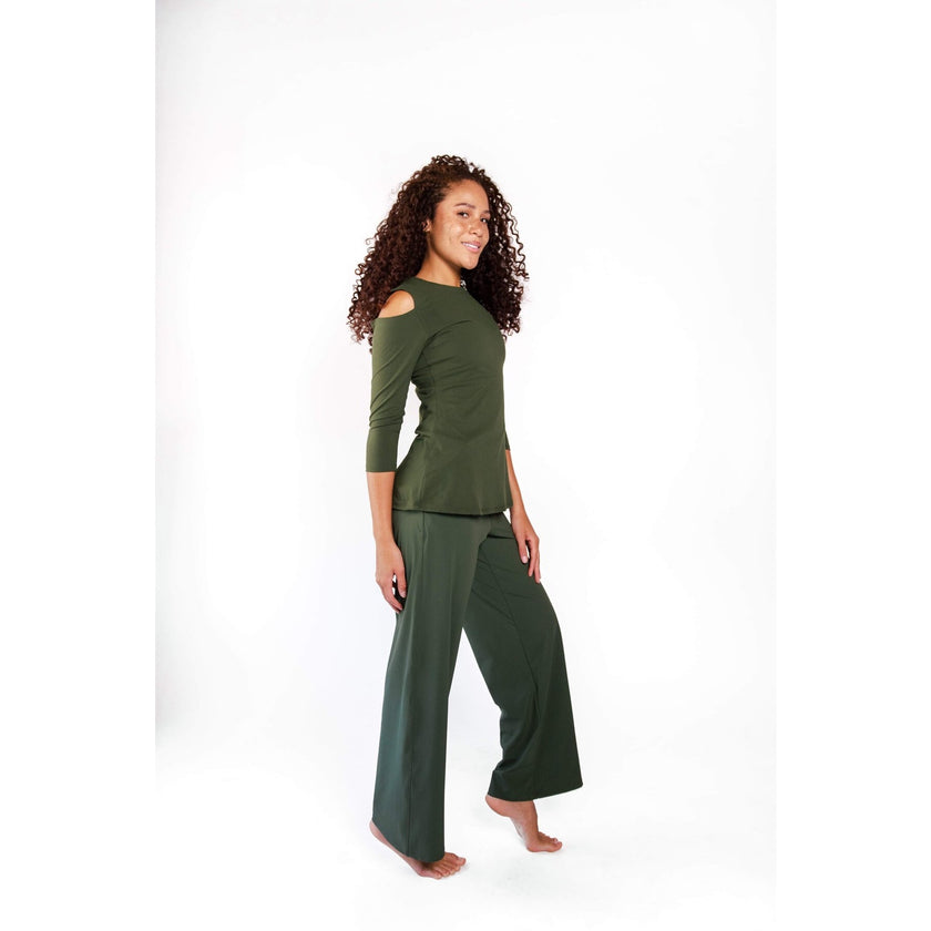 Yoga Democracy, Open Shoulder Top, Forest Green