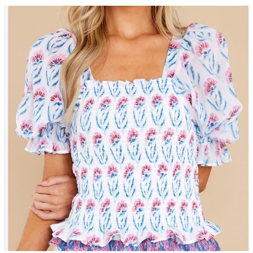 Oliphant Smocked Top, Poppy Blue, NWT