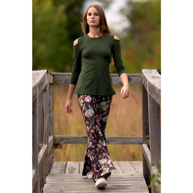 Yoga Democracy, Open Shoulder Top, Forest Green