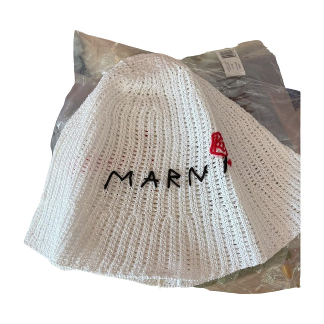 MARNI Knit White Bucket Hat w/ Red Marni Embroidery and Rose