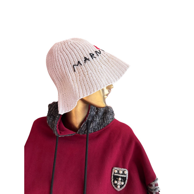 MARNI Knit White Bucket Hat w/ Red Marni Embroidery and Rose