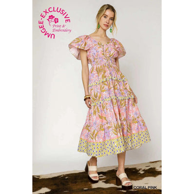 Umgee Floral Print Tiered Midi Dress