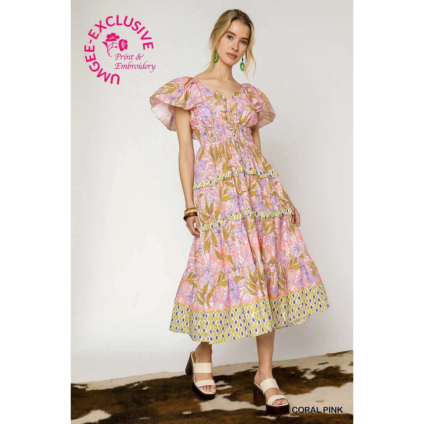 Umgee Floral Print Tiered Midi Dress