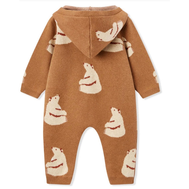 Milkbarn Honey Bear Knitted Birdseye Jacquard Hooded Jumpsuit, 12-18 months