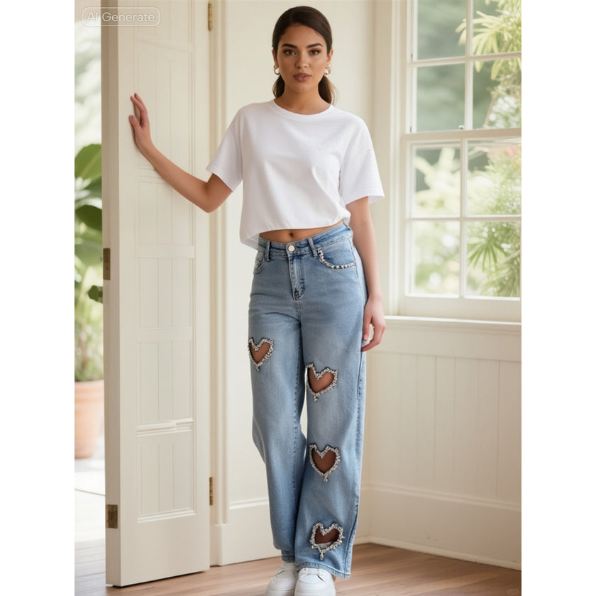 💖 Crystal Heart Cutout Jeans 💖 NWT Large
