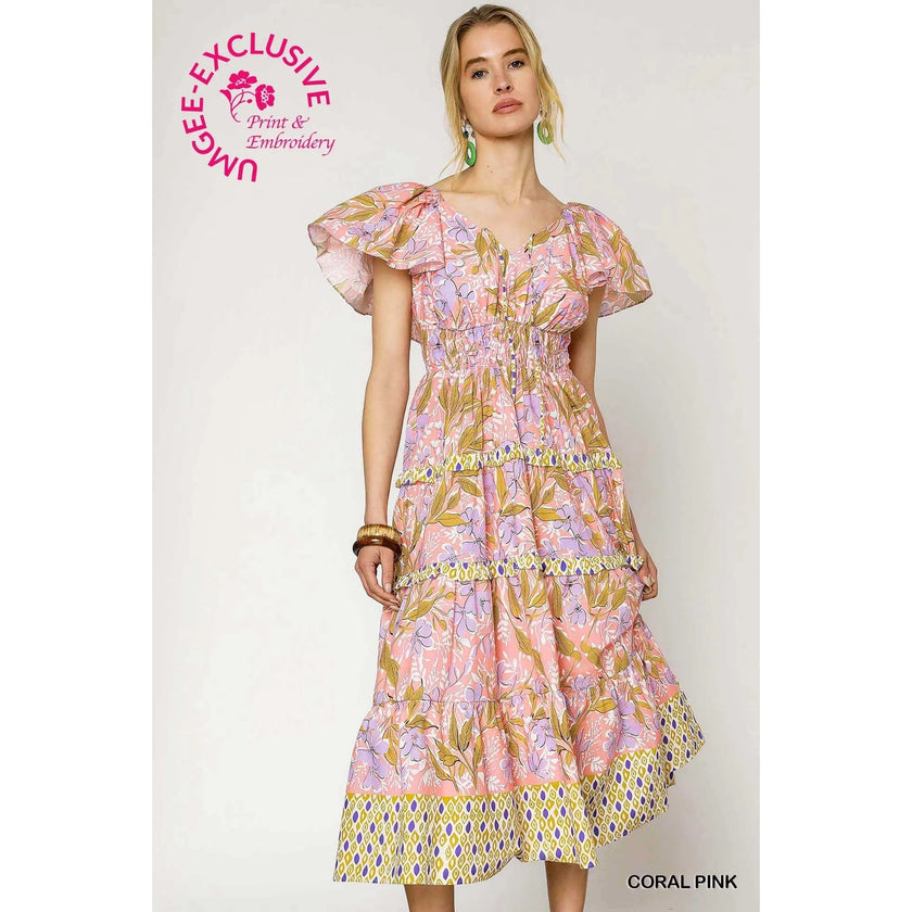 Umgee Floral Print Tiered Midi Dress