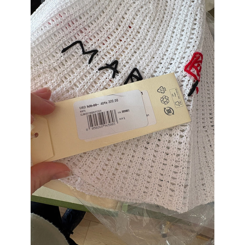 MARNI Knit White Bucket Hat w/ Red Marni Embroidery and Rose
