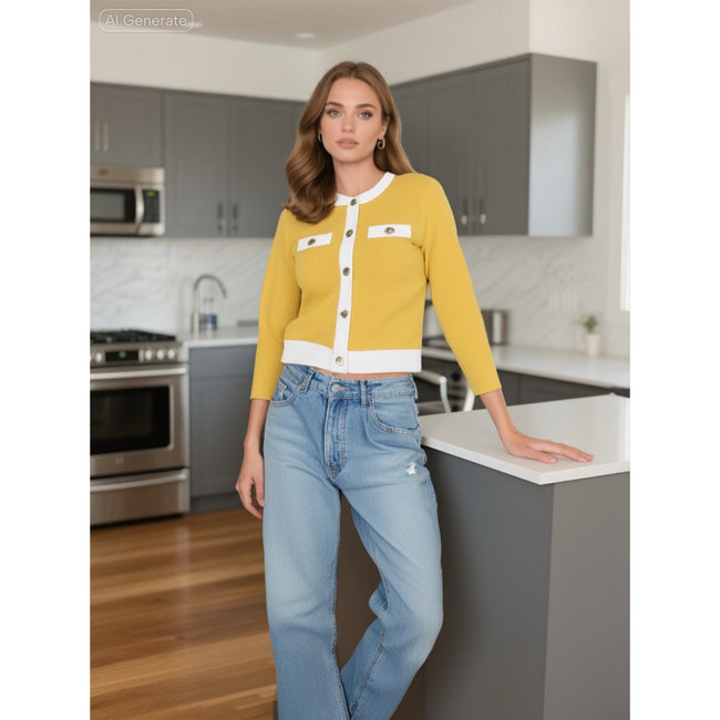 🧥 Michael Kors Daisy Yellow Button-Up Sweater – Size XS